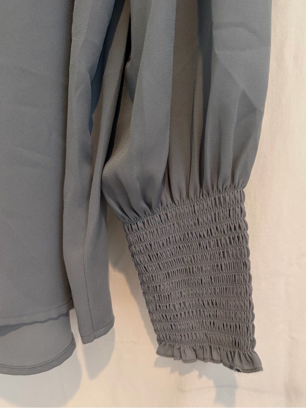 Express Light Gray Button-Front Blouse with Smocked Cuffs - Picture 2 of 4